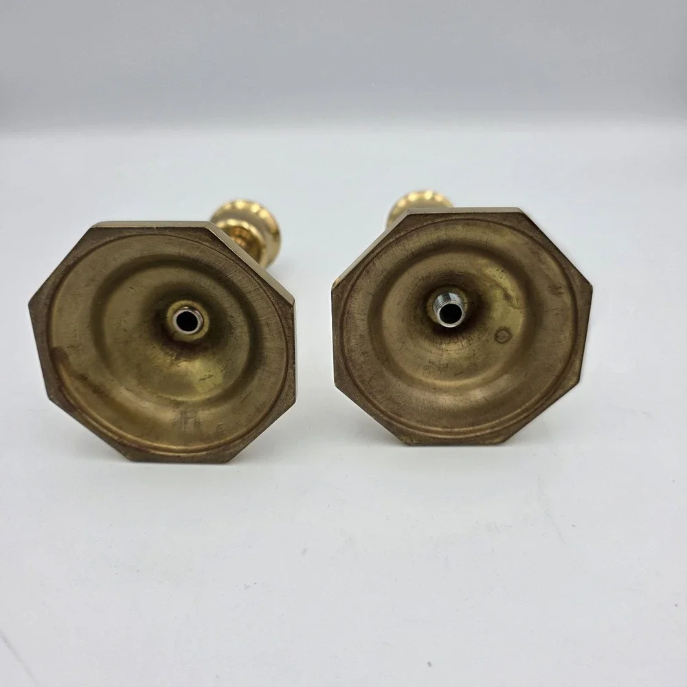 Vintage Octagon Base Pair Of Candlesticks  Polished Brass 5